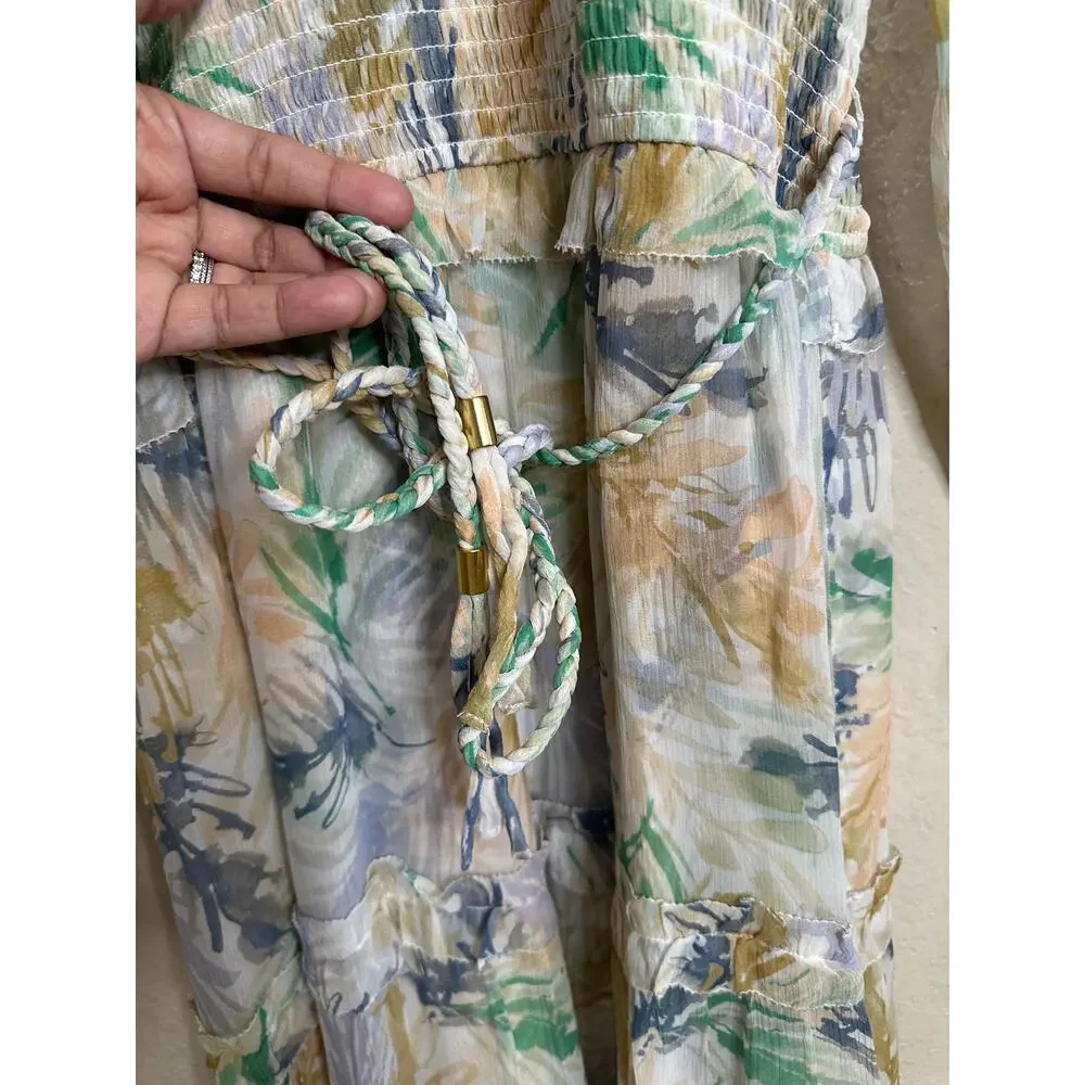 Christy Lynn Florence Maxi Dress Womans M NWOT 100% Silk Smocked Palm Print